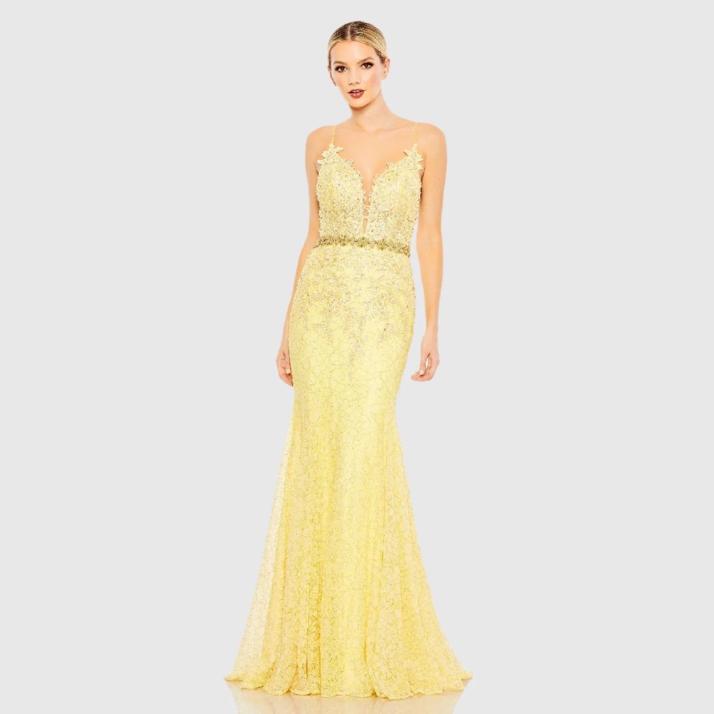 NWT $498 MAC DUGGAL Applique Sleeveless Plunge Neck Trumpet Gown DRESS 79341